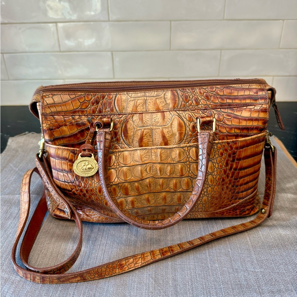 Brahmin Brown Crocodile Embossed Shoulder Bag with Detachable Strap